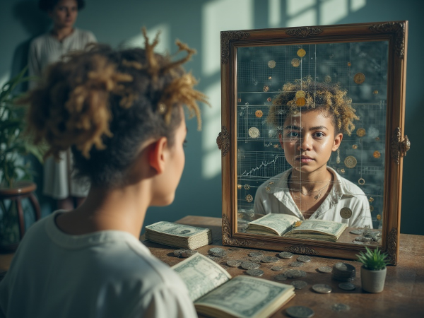 En person som ser sig i en spegel som reflekterar pengar och ekonomiska symboler istället för ansiktet, vilket symboliserar pengar som en spegel av våra inre värderingar.