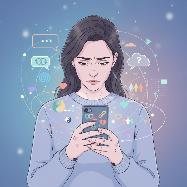 En person som reflekterar över relationer medan symboler för anknytning och kommunikation svävar i luften.