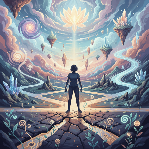 En bild som visar en person vid ett vägskäl med flera möjliga vägar in i ett ljuslandskap, vilket symboliserar resiliens och anpassning till livets förändringar.