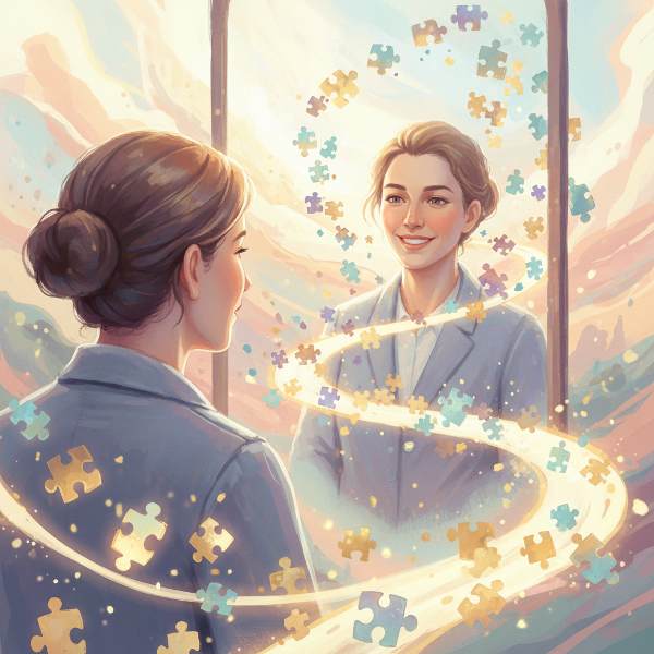 En person som ser sin egen spegelbild med självsäkerhet, omgiven av pusselbitar som symboliserar självutforskning och självacceptans.