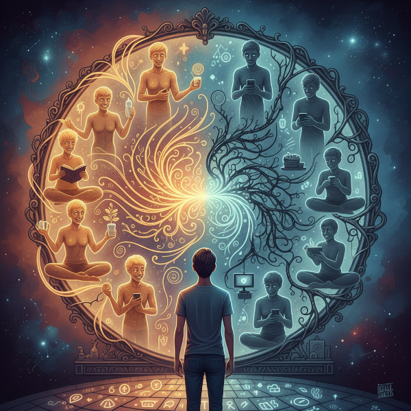 En person som betraktar en spegel som visar olika versioner av sig själv utförande både positiva och negativa vanor, med abstrakta mönster och symboliska element som representerar omedvetna beteenden.