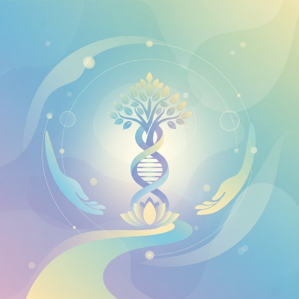 En abstrakt och harmonisk bild som symboliserar olika aspekter av välbefinnande: emotionell balans, psykologisk utveckling, social kvalitet och resiliens.