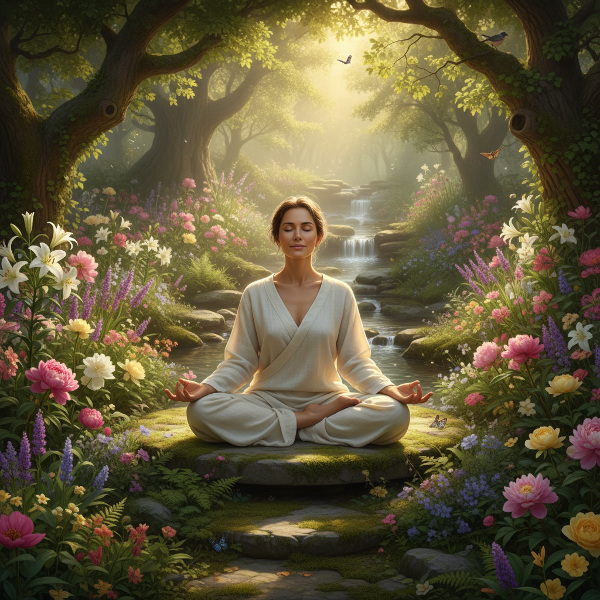 En bild på en lugn och balanserad person som mediterar i en blomstrande trädgård, omgiven av harmoni och stillhet.