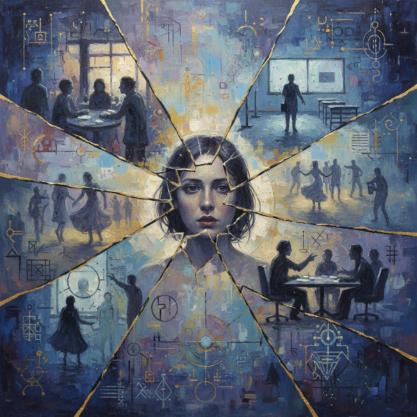 En person betraktar sin spegelbild i en krossad spegel där varje fragment visar olika sociala scenarier med skuggfigurer i bakgrunden, vilket symboliserar omedvetna sociala kartor och kulturella påverkan.