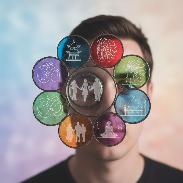 En person som tittar genom en kalejdoskop av sociala linser som visar olika kulturella symboler och mänskliga siluetter, en abstrakt representation av omedvetna perceptionsfilter.