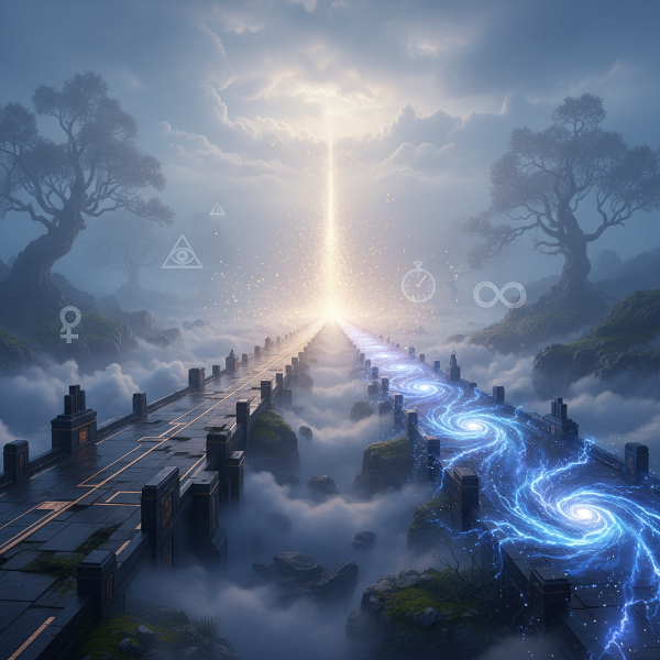 En surrealistisk bild som visar tre divergerande vägar i ett dimmigt landskap, som symboliserar de tre fundamentala perspektiven Gränslöshet, Förankring och Omvandling.