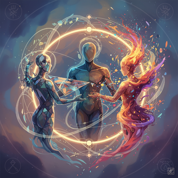 En symbolisk bild som visar tre arketyper i en grupp: en stabilisator, en katalysator och en spegel, som tillsammans representerar olika sociala energier och dynamiker.