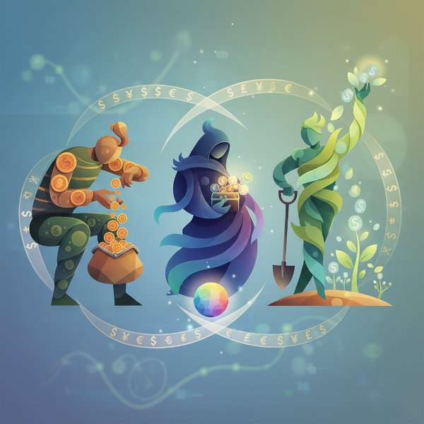 En abstrakt illustration som visar tre olika pengapersonligheter genom symboler och färger, där pengar flödar mellan figurerna som räknar, gömmer och investerar.