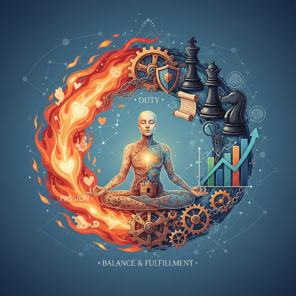 En bild som symboliskt visar tre olika motivationskällor som konvergerar mot en balanserad människa.