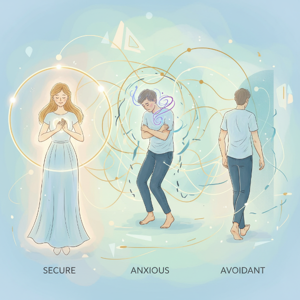 En symbolisk bild som visar tre olika relationstyper: trygg, ängslig och undvikande, med figurer i olika positioner mot ett bakgrundsmönster av sammankopplade linjer.