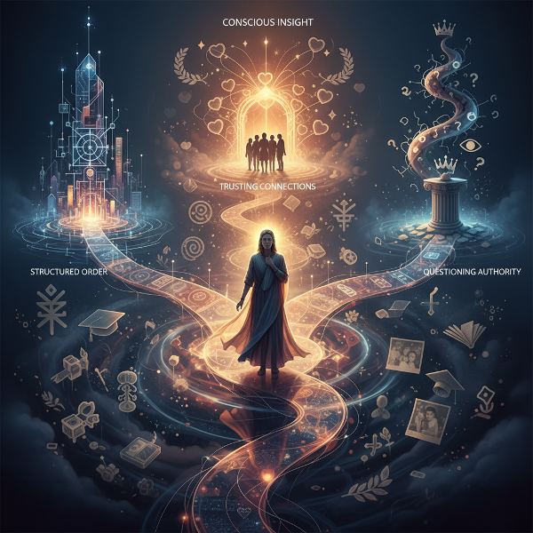 En person vid ett vägskäl med abstrakta stigar som representerar osäkerhet, omgiven av kulturella symboler och minnen som formar deras reaktioner.