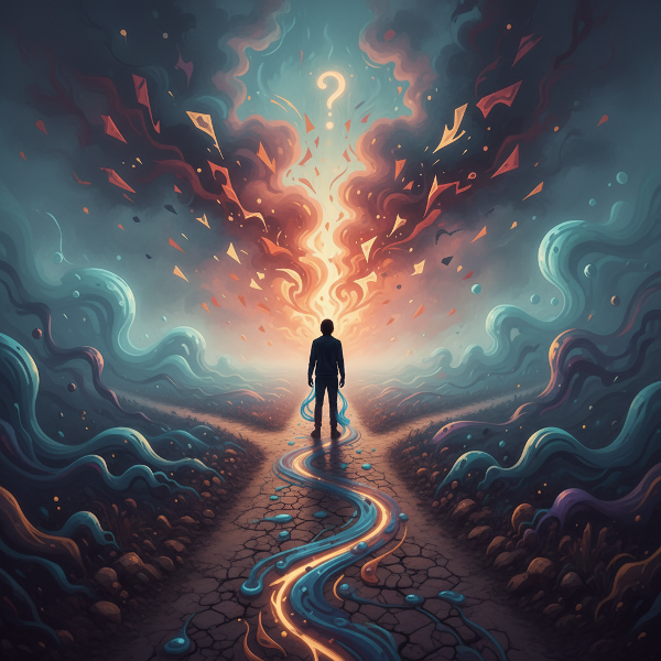 En person vid en vägskäl med dimmiga stigar och abstrakta mönster som symboliserar osäkerhet och inre reaktioner.