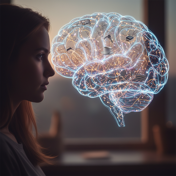 En person som betraktar ett labyrintiskt nätverk av lysande nervbanor i sitt sinne, med små vardagsobjekt som flyter längs stigarna.