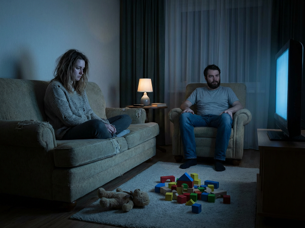 En trött kvinna och en man i en soffa på kvällen, med en känsla av avstånd och längtan efter förnyad intimitet i en hemmiljö.