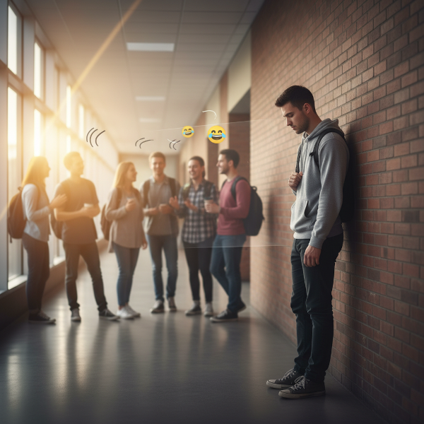 En ung man känner sig osynlig och isolerad i en studentkorridor, fast i en vägg av tystnad trots social närvaro.
