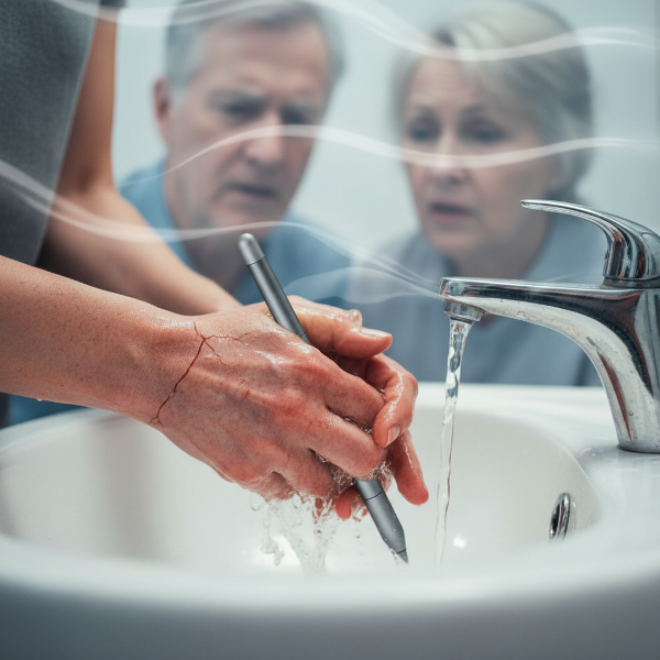 Ett foto på en kvinnas händer med allvarligt eksem som försöker tvätta bort osynligt smuts, med skuggade föräldrafiguren i bakgrunden och en ritpenna som symboliserar blockerad kreativitet.