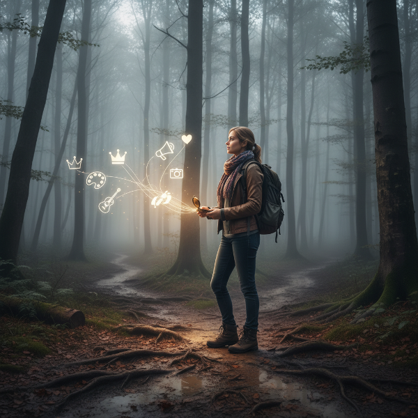 En kvinna vid ett vägskäl i en dimmig skog, som symboliserar en pensionskris och sökandet efter ny mening och identitet.