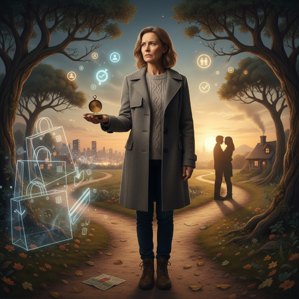 En kvinna i medelåldern står vid ett vägskäl och håller en kompass, med impulsiva shoppingkassar som bleknar bort och en stödjande partners silhuett i bakgrunden.