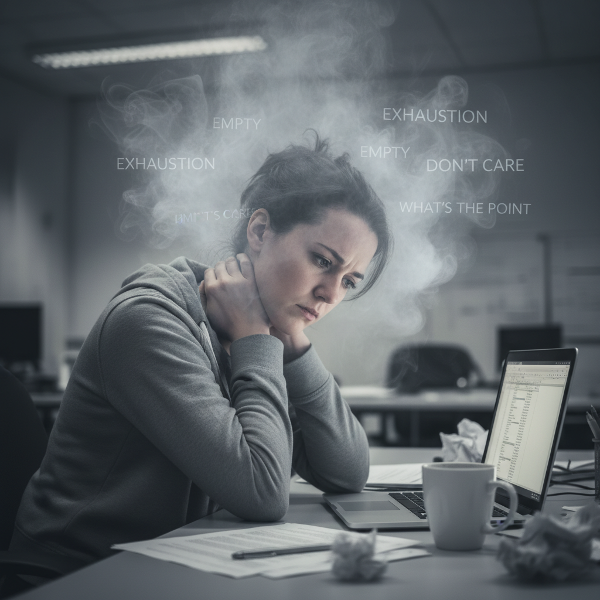 En trött kvinna vid ett skrivbord med muskelspänningar, omgiven av en dimma av likgiltighet som symboliserar utbrändhet.