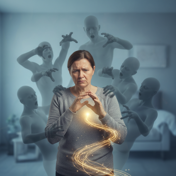 En kvinna som känner sig fångad av sitt eget hjälpsamma beteende, omgiven av krav, men som börjar se en väg framåt.