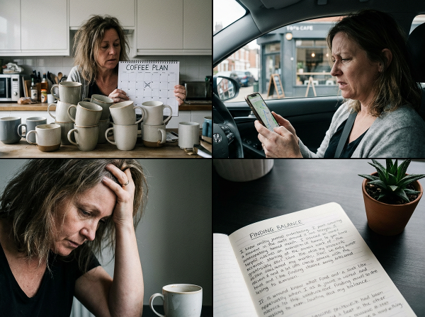 En bild som visar en kvinna i 50-årsåldern som känner sig styrd av sitt kaffedrickande, med kaffekoppar som en central del av hennes vardag och en känsla av beroende.