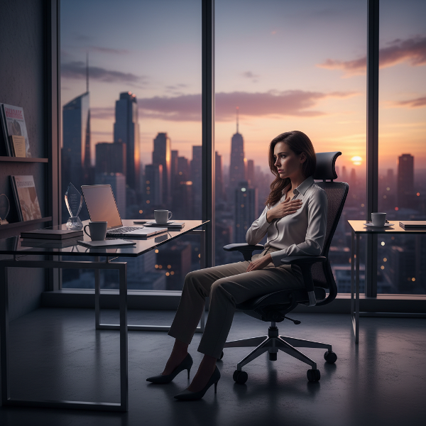 En kvinna som känner sig tom och överväldigad trots framgång, ensam i ett kontor vid gryningen med en känsla av att vara en bedragare.