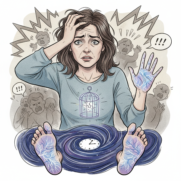 En kvinna som upplever fysiska symptom som huvudvärk och domningar under familjekonflikter, med symboler för stress och kropps-koppling.