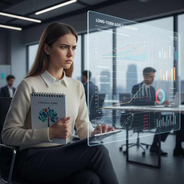 En ung kvinna i ett kontorslandskap balanserar mellan att visualisera långsiktiga mål på en skärm och hantera inre oro och gränssättning.