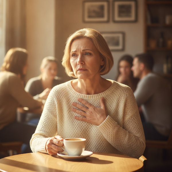Kvinna med panikångest i social miljö, känner sig isolerad och hjälplös.