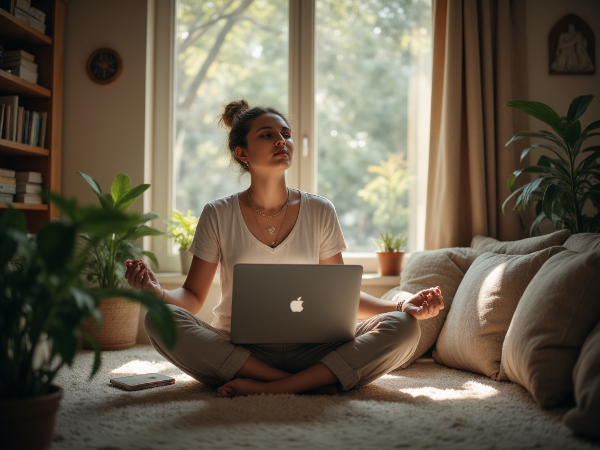 En kvinna i ett hemkontor som utför andningsövningar vid ett fönster för att hantera stress och säsongsbunden nedstämdhet.