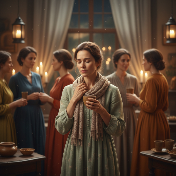 En bild som visar en kvinna som hanterar social ångest i en folksamling med lugnande tekniker.