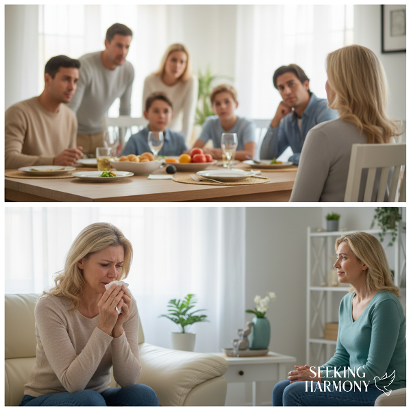 En kvinna som kämpar med plötslig ilska under en familjetillställning, medan hon försöker hitta lugn och harmoni.