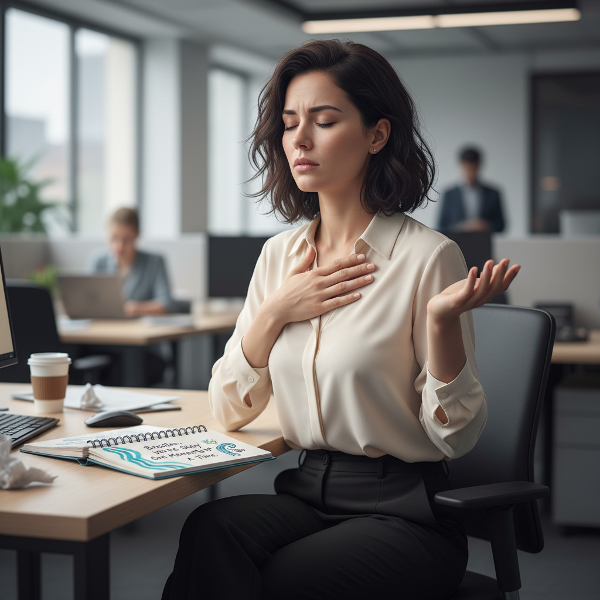 En kvinna i kontorsmiljö som använder andningstekniker för att hantera ångest efter ett trauma.