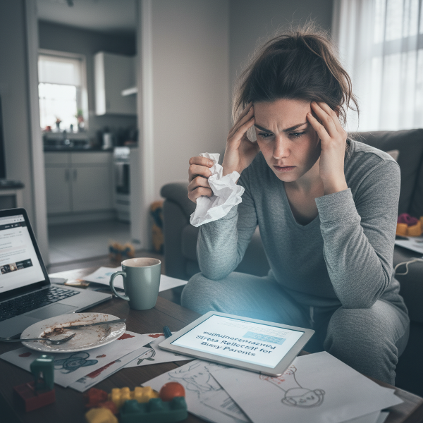En ung kvinna som kämpar med vardagsstress och irritabilitet i en familjesituation, med tecken på utmattning och en önskan om lugn.