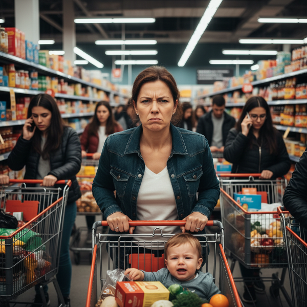 En kvinna som känner sig överväldigad och irriterad i en trång mataffär, omgiven av kundvagnar och människor, med en inre ilska och en önskan att fly.