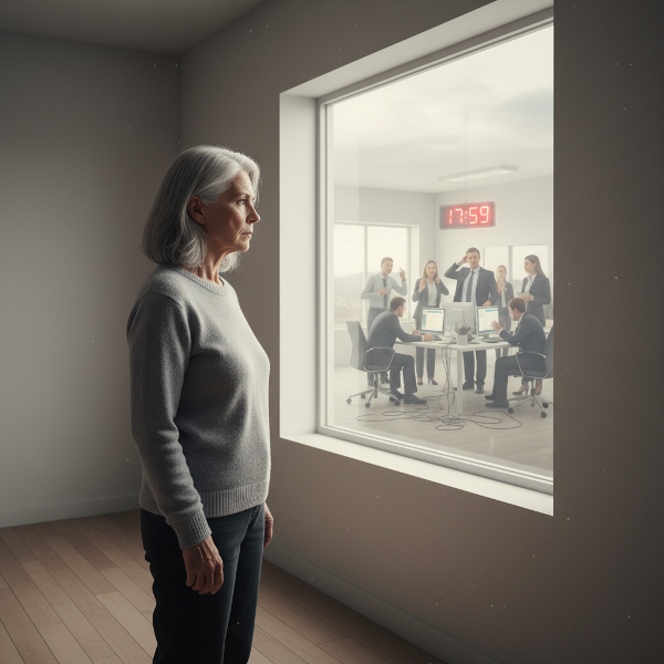 En kvinna i pension reflekterar över ett förflutet arbetsliv präglat av stress, med en antydan till kaotiska minnen.