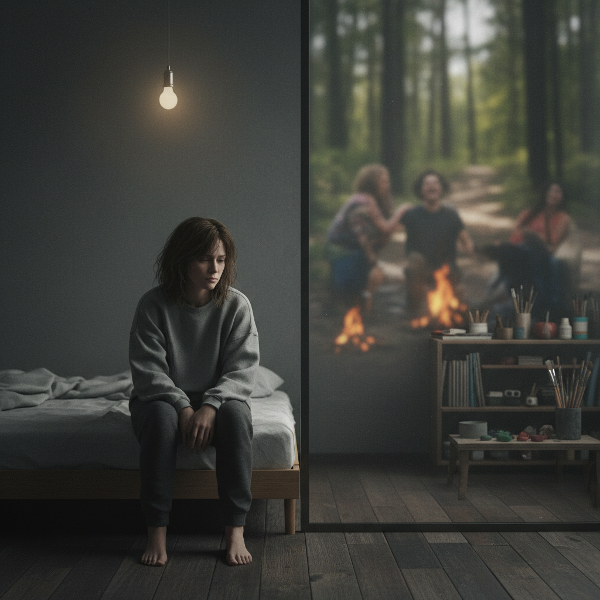 En kvinna sitter på sängkanten i ett dunkelt rum, avskärmad från omvärlden av en genomskinlig vägg, vilket symboliserar apati och känslomässig isolering.