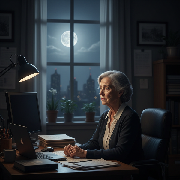 En äldre kvinna sitter ensam vid sitt skrivbord på kvällen, stirrar ut genom fönstret med en bekymrad min, medan hennes arbetsplats syns i bakgrunden. Bilden fångar känslan av identitetskris och oro inför pensioneringen.