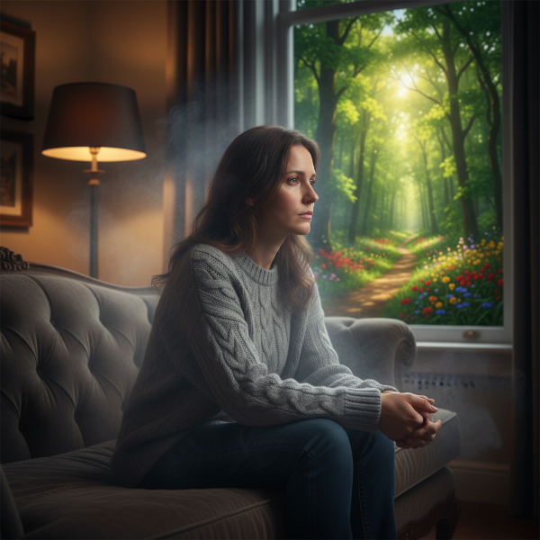 En kvinna sitter ensam i en soffa och stirrar tomt ut genom fönstret, omgiven av en gråaktig dimma som symboliserar känslomässig avdomning.