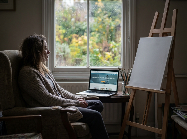En kvinna sitter ensam i ett halvmörkt rum och stirrar tomt ut genom fönstret mot en oskarp natur, med en oanvänd målarduk bredvid och en bärbar dator som visar en webbplats för psykologisk rådgivning.