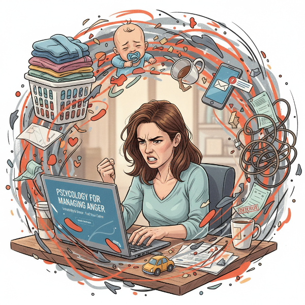 En kvinna som kämpar med ilska och stress vid sin dator, omgiven av symboler för relationer, arbete och kontroll över mat.