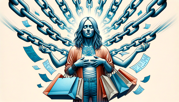 En kvinna som kämpar med stressrelaterad shopping, symboliserar inre konflikt och början på förändring.