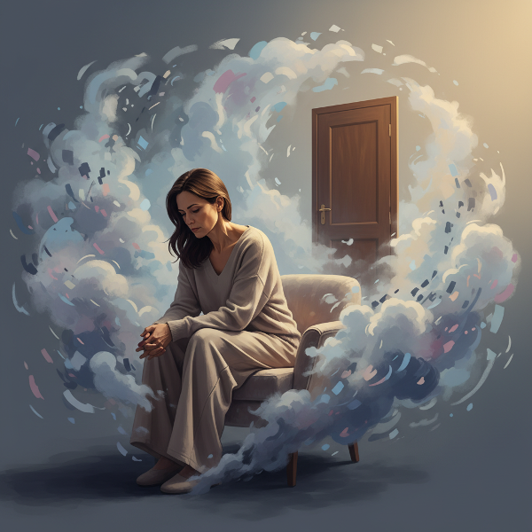 En kvinna med spänningar i kroppen, omgiven av abstrakta tankar och en symbolisk stängd dörr som representerar undvikande av intimitet.