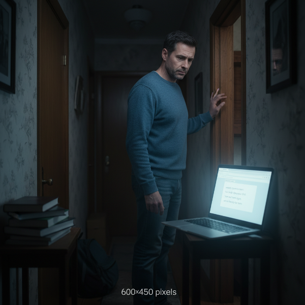 En orolig pappa står utanför sin tonårige sons stängda dörr, med en blick som uttrycker oro och maktlöshet.