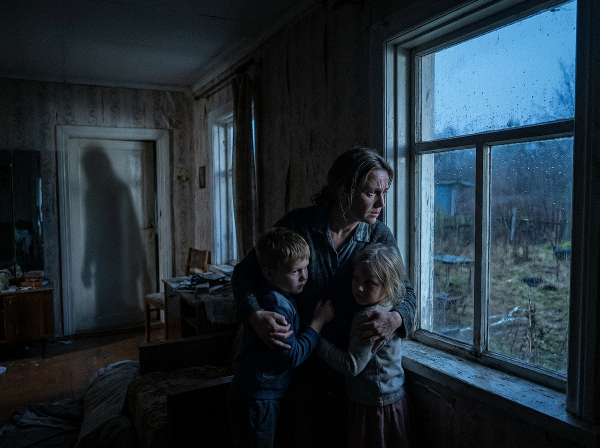 En kvinna med två små barn ser oroligt ut genom ett fönster i ett hem som känns instängt och hotfullt, med en känsla av dold fara och isolering.