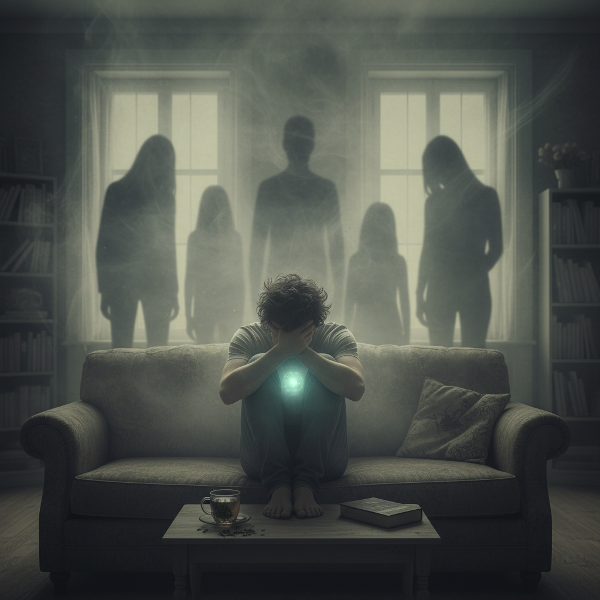 En ung man som känner sig instängd och ångestfylld i en tjock, tryckande hemmiljö med familjens skuggor, på jakt efter psykologisk lättnad och inre frid.