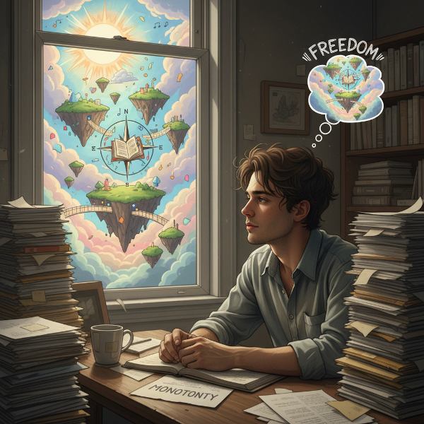 En ung man känner sig fångad vid ett skrivbord med pappershögar, men drömmer om en kreativ och färgstark värld utanför fönstret.