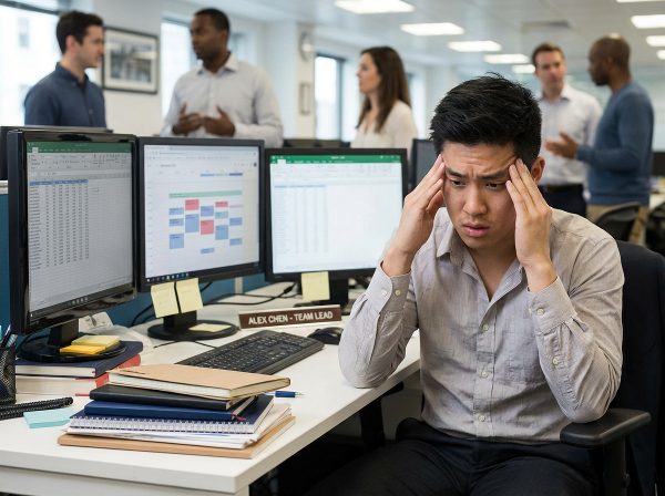 En ung man i en ny ledarroll som känner stress och osäkerhet vid ett skrivbord fullt av arbetsuppgifter, medan han försöker leda sitt team och hitta balans.