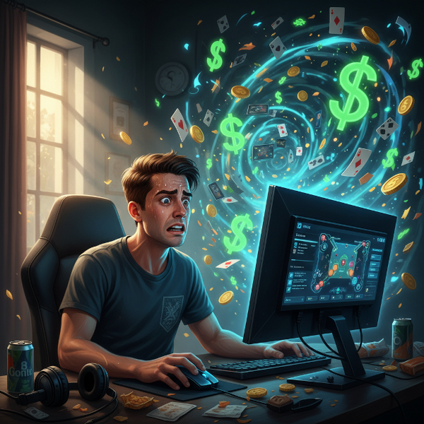 En 18-årig man i panik framför en dator med onlinepoker, omgiven av virvlande spelkort och pengasymboler som representerar hans beroende.
