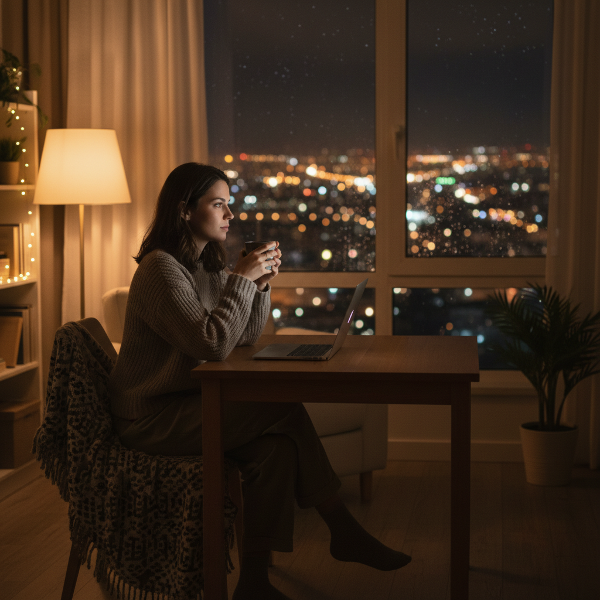 En ung kvinna sitter ensam i sin lägenhet efter arbetsdagen, omgiven av tystnad trots sin professionella roll som lyssnare.